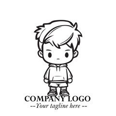 Black and White Chibi Boy Illustration with Jacket and Boots in Bold Thick Line Art Minimal Style
