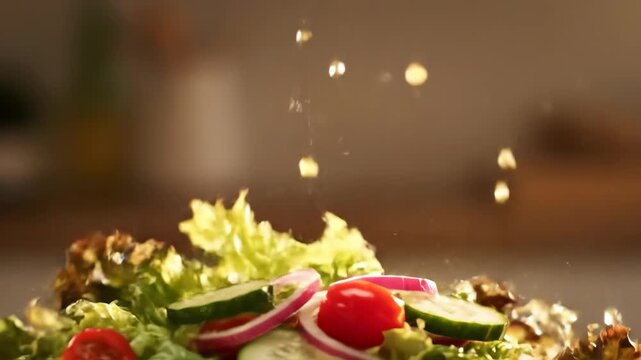 Fresh Salad Ingredients Tossed in Air, Cinematic Food Video Frame.