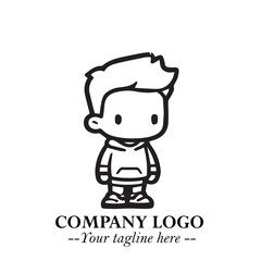 Black and White Chibi Boy Illustration with Jacket and Boots in Bold Thick Line Art Minimal Style
