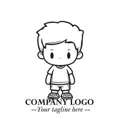 Black and White Chibi Boy Illustration with Jacket and Boots in Bold Thick Line Art Minimal Style
