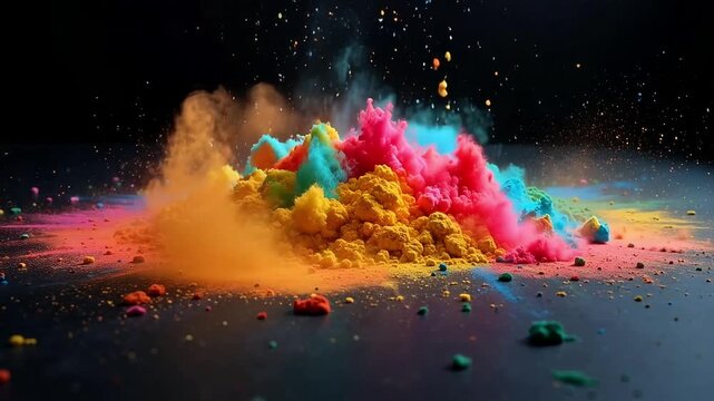 Vibrant explosion of colorful powder creating stunning abstract patterns perfect for Holi festival promotions and artistic design projects, full of energy