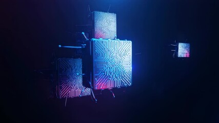 Flickering neon circuits initiating three cubes emerging as pulsing rods connecting modules in void - Powered by Adobe