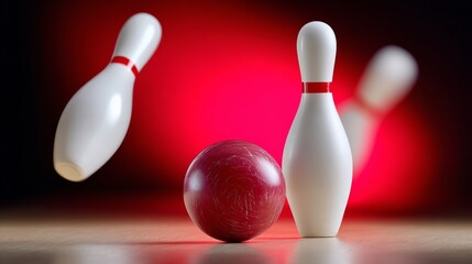 A bowling ball and two bowling pins are on a table. The pins are in the air and the ball is on the ground