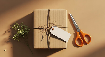 Wrapped gift with tag and scissors on neutral colored surface studio
