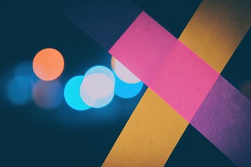 レーザー光のスポットが付いたピンクと黄色の紙のストリップ。