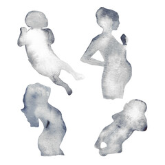  Watercolor pregnant girl and baby set silhouette blue element.Hand-painted silhouette motherhood element on white background.