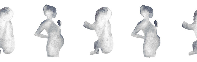  Watercolor pregnant girl and baby silhouette blue pattern.Hand painted silhouette motherhood element border on white background.