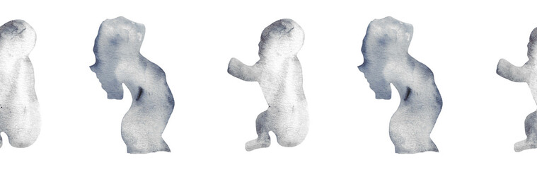  Watercolor pregnant girl and baby silhouette blue pattern.Hand painted silhouette motherhood element border on white background.