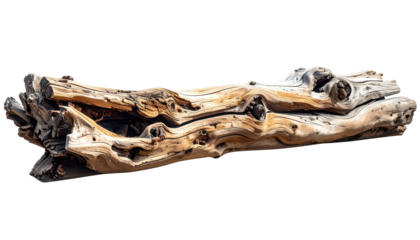 Weathered driftwood log with knots, isolated on a black background