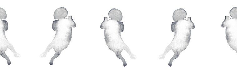  Watercolor baby silhouette blue pattern.Hand painted silhouette motherhood element border on white background.