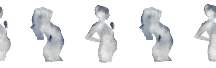 Watercolor pregnant girl silhouette blue pattern.Hand painted silhouette motherhood element border on white background.