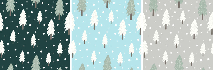 Scandinavian Winter Forest Seamless Pattern Set. Hygge Minimalist Christmas Tree Background.