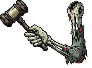 Zombie arm with gavel illustration, undead justice symbol, horror courtroom concept, creepy legal authority, decayed judgment theme, eerie law art, dark corruption design