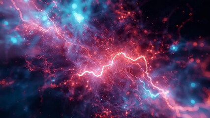 Emerging central red filament pulsing in cosmic haze, with plasma veins, blue nodes and sparks - Powered by Adobe