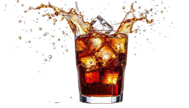 Icy drink splash from glass with square ice on black background