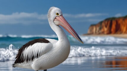 A white and black pelican is standing on the beach. The bird is looking out to the ocean, and the waves are crashing in the background. The scene is peaceful and serene