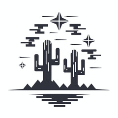 Simple Two Cacti Silhouette with Starry Sky on White Background Design