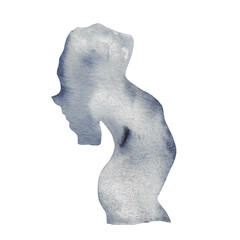 Watercolor pregnant girl silhouette blue element.Hand-painted silhouette motherhood element on white background.