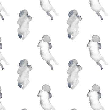 Watercolor pregnant girl and baby silhouette blue print.Hand painted silhouette motherhood element  pattern on white background.