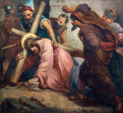 Vienna - The painting fall of Jesus under the cross in church St. Johann der Evangelist by Karl Geiger (1876).