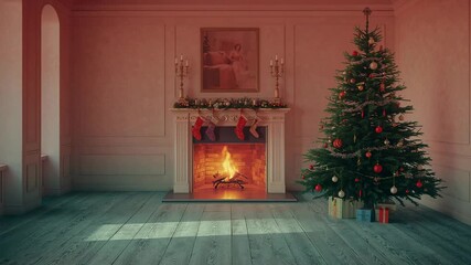 Shifting sunlight beam and flickering fireplace flames animating holiday room with Christmas tree - Powered by Adobe