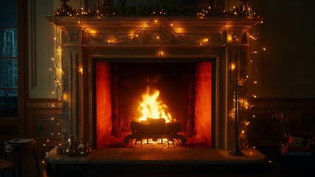 Opening shot capturing flickering wooden fireplace burning logs in living room with string lights