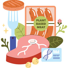 Plant Based Meat Products Represented by Steak Sausages and Eggs Alongside DNA Research And Leafy Greens Against Transparent Background