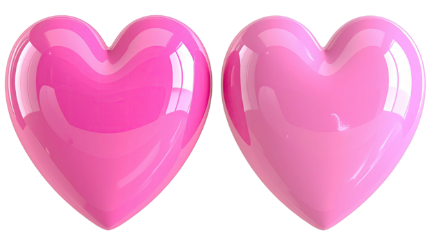 Two glossy, pink, heart-shaped objects against a dark background