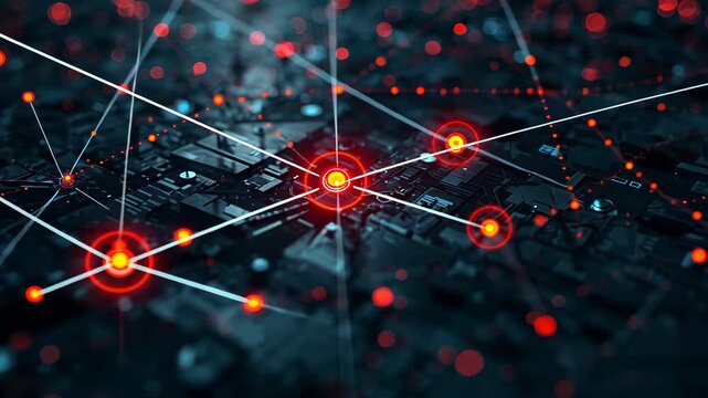 Pulsing central red network node causing peripherals glowing on 3D circuit board, with white lines