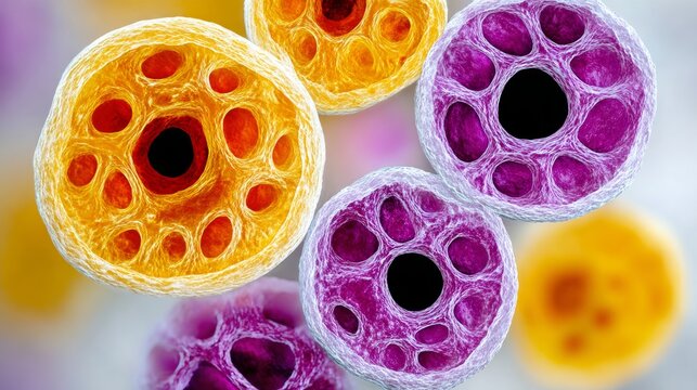 A close up of a bunch of cells with a purple one in the middle. The purple cell is surrounded by a yellow and orange cell