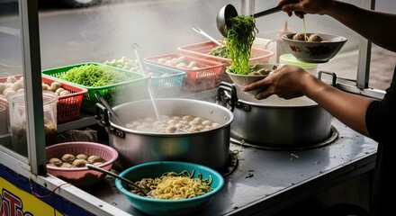 Bustling Indonesian Bakso Vendor Preparing Meatball Soup Energetic Authentic Street Food Scene