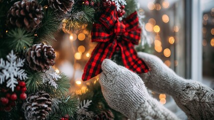 ウールの手袋をはめた手で、花輪に赤いリボンを掛けています。