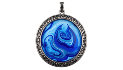 Ornate silver pendant with swirling blue abstract design