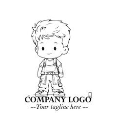 Black and White Chibi Boy Illustration with Jacket and Boots in Bold Thick Line Art Minimal Style
