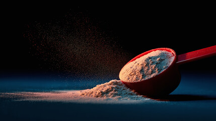 Protein powder overflowing a red scoop, in front of a dark blue background