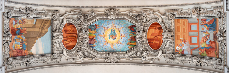 SALZBURG, AUSTRIA - SEPTEMBER 6, 2025: The ceiling fresco with the Assumption and Dormition in the Cathedral by Hans Fischer (1957) © Renáta Sedmáková