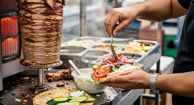 Fototapeta Bustling Street Vendor Preparing Greek Gyro Dynamic Urban Food Scene Close-up Action
