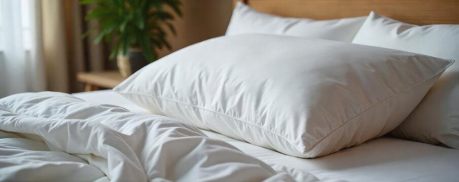 Soft, fluffy pillow resting on a plush, inviting bed, ready for a restful night's sleep Perfect for promoting sleep products or relaxation , back, healthy sleep