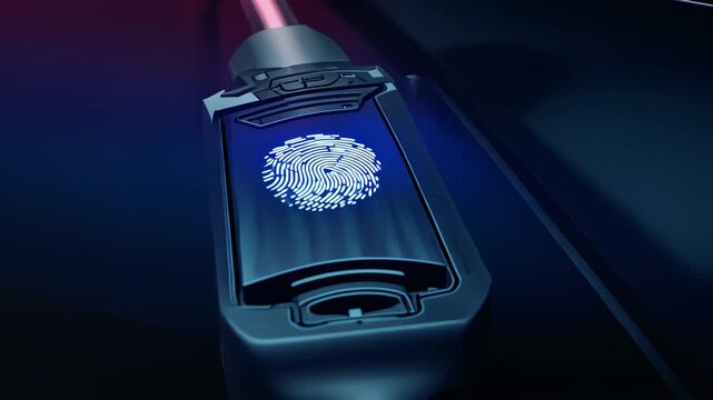 Cable bringing biometric module at technology showcase, module scanning fingerprint icon for access