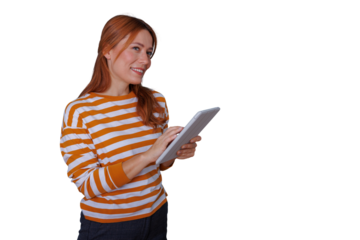 Redhead woman using digital tablet, smiling and connecting online with transparent background for easy use