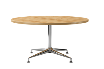 Wooden round table 3d rendering PNG. Oak wood desk with round top and steel legs on transparent isolated background.