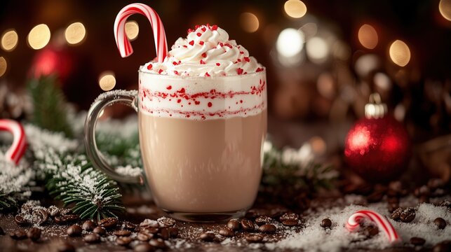 Wide banner composition, peppermint latte with whipped cream and candy cane in center, surrounded by festive holiday elements, red and white color scheme, scattered peppermint candies, coffee beans