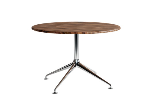 Wooden round table 3d rendering PNG. Walnut wood desk with round top and steel legs on transparent isolated background.