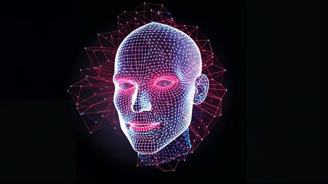 Animation initiating wireframe head rotating in black void, with glowing red eyes and network halo