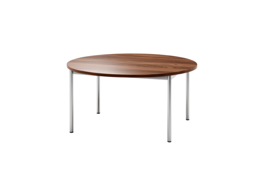 Wooden round table 3d rendering PNG. Walnut wood desk with round top and steel legs on transparent isolated background.