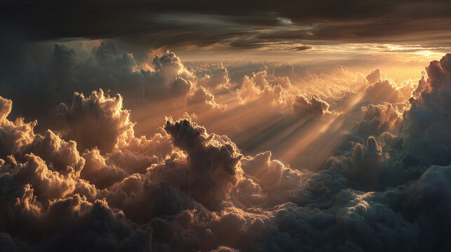 Sunbeams bursting through dramatic, voluminous cloudscape, creating a breathtaking atmospheric effect