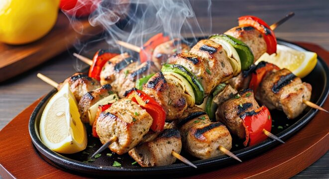 Fototapeta Authentic Souvlaki Skewers Grilling Over Charcoal Smoky Aroma Traditional Greek Street Food