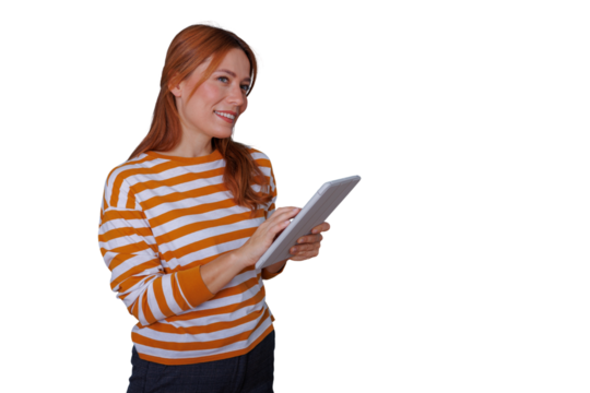 Redhead woman using digital tablet, smiling and connecting online with transparent background for easy use