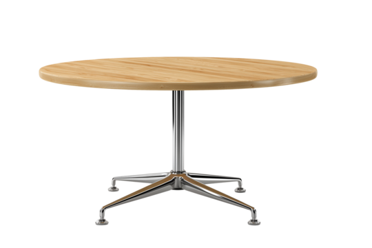 Wooden round table 3d rendering PNG. Oak wood desk with round top and steel legs on transparent isolated background.