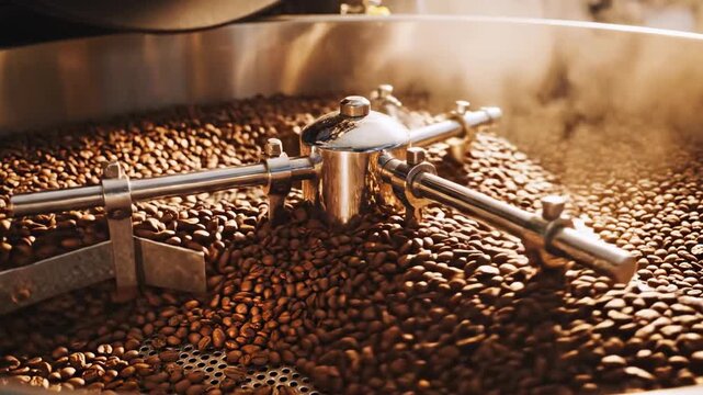 Close-up of a coffee bean roaster in action, rotating and mixing beans